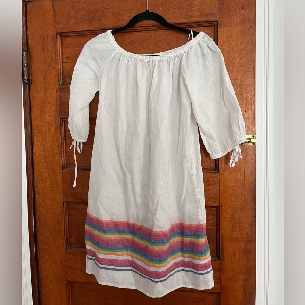 J. Crew White Linen Dress with Rainbow Stripes